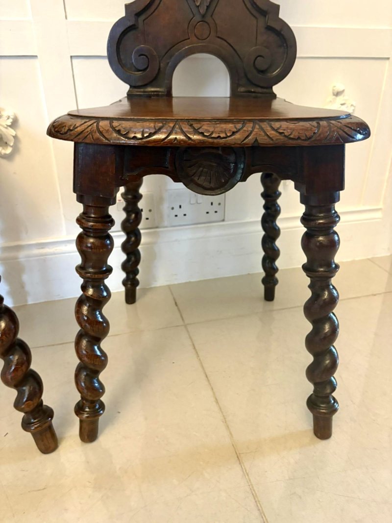 Pair of Antique Victorian Quality Carved Oak Hall Chairs - Image 14